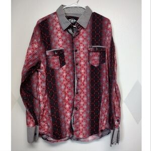 El G El General red black abstract print long sleeve collared button front shirt